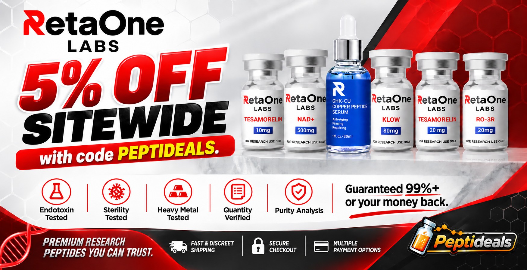RetaOne Labs: 5% Off Sitewide with Code PEPTIDEALS